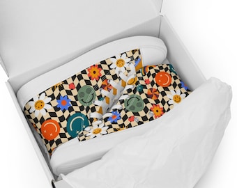 Chaussures montantes en toile smiley damier rétro, baskets montantes pour femmes, chaussures souriantes damier funky, streetwear d'inspiration vintage, kicks rétro