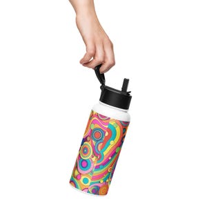 Retro Psychedelic Swirl, Edelstahl Wasserflasche mit Strohdeckel, Groovy Style der 70er Jahre, Thermos Trinkflasche, Reise Trinkflasche, Edelstahl