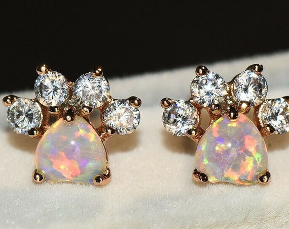 Lovely 18ct gold filled  white fire opal glass cat or dog paw footprint stud earrings