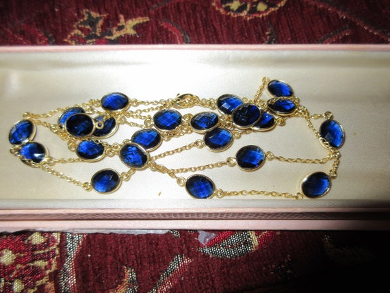 Lovely gold plated longline 9mm sapphire blue glass necklace 38"