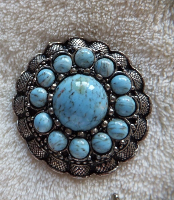 Lovely vintage Scottish Silvertone Turquoise glass cabochon  brooch or kilt pin 2"