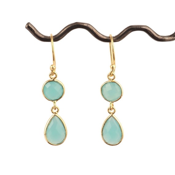 Faceted green Round and tear drop aquamarine Gold Plated Drop Dangle Earrings
