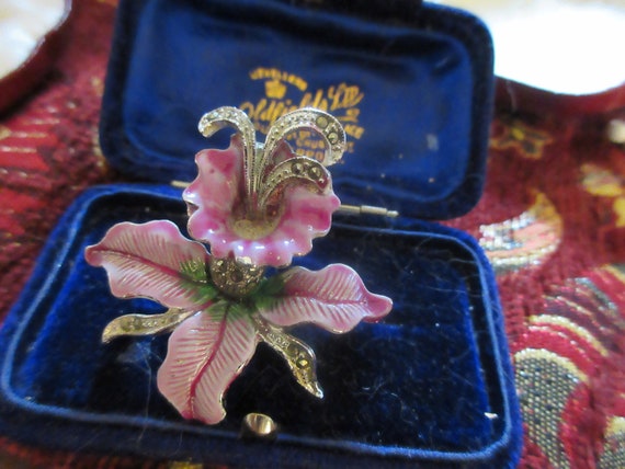 Beautiful vintage pink enamel marcasite orchid brooch