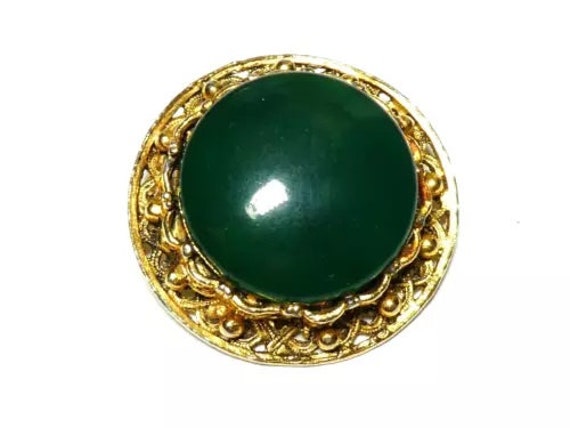 Beautiful vintage Scottish Celtic goldtone green glass cabochon  brooch or kilt pin