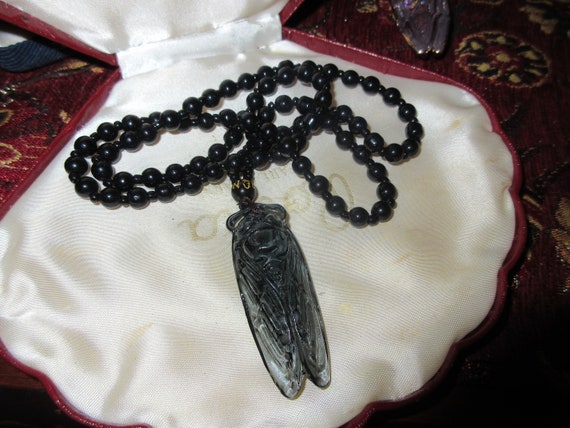 Wonderful Deco style black carved glass cicada pendant necklace 24"