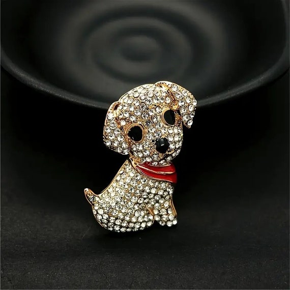 Lovely  goldplated sparkly  rhinestone puppy dog with red bandana  brooch