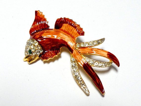 Gorgeous Vintage Diamante red orange  Enamel Tropical Fish Brooch