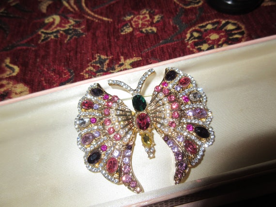 Wonderful sparkly gold plated multicoloured glass rhinestone butterfly brooch pin