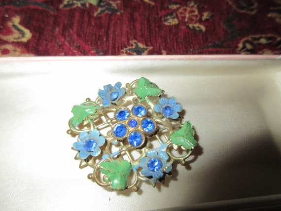 Wonderful vintage Czech goldplated enamel blue glass  brooch