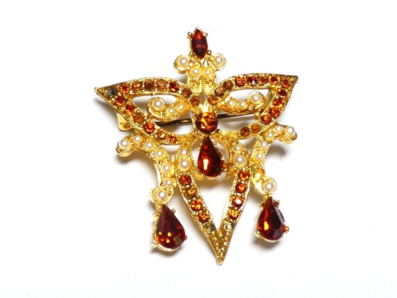 Beautiful  vintage Signed Exquisite gold plated toffee Rhinestone seed pearl brooch