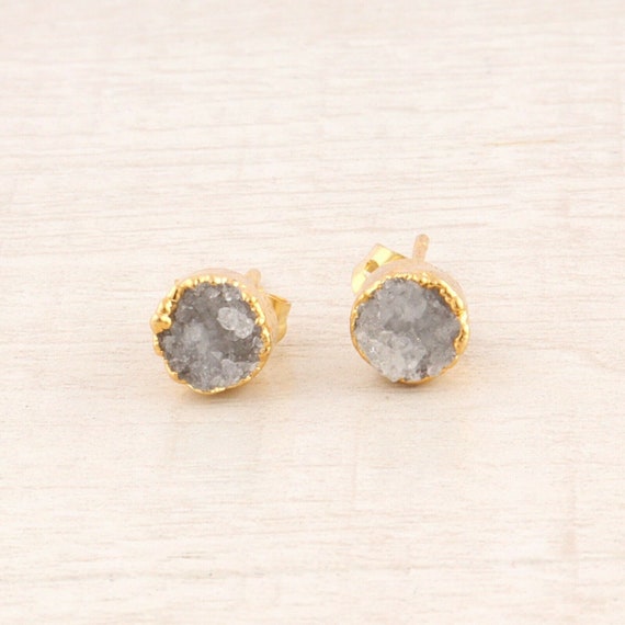 Lovely Round Stone Natural Sugar Druzy Yellow Gold  Stud Earrings