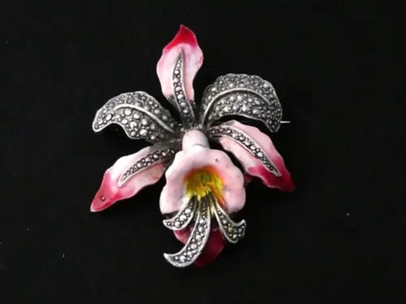Beautiful vintage pink enamel marcasite orchid flower brooch
