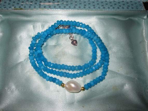 Lovely Natural Faceted 4mm Blue Chalcedony and freshwater pearl necklace 18-20"