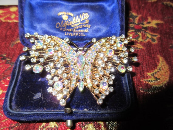 Beautiful  goldplated sparkly aurora borealis rhinestone butterfly  brooch