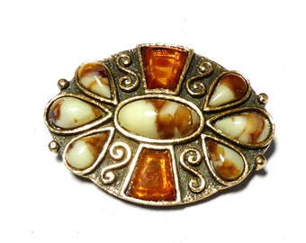 Lovely vintage Celtic Design Bronze tone honey and cream Glass brooch or kilt pin