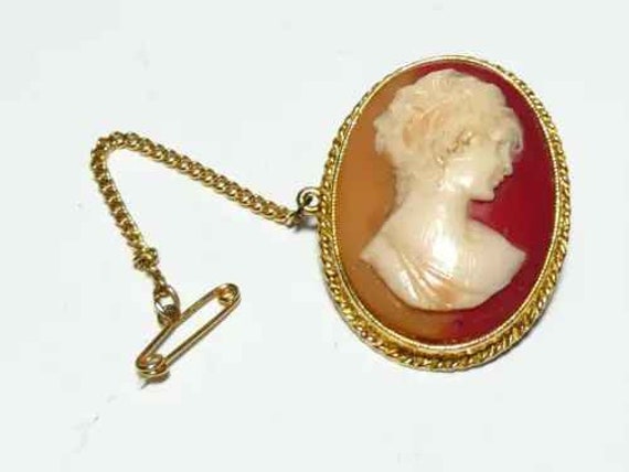 Classical vintage goldplated carved cameo lady portrait brooch signed