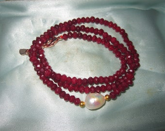 Beautiful  4mm faceted natural ruby and cultured white pearl necklace