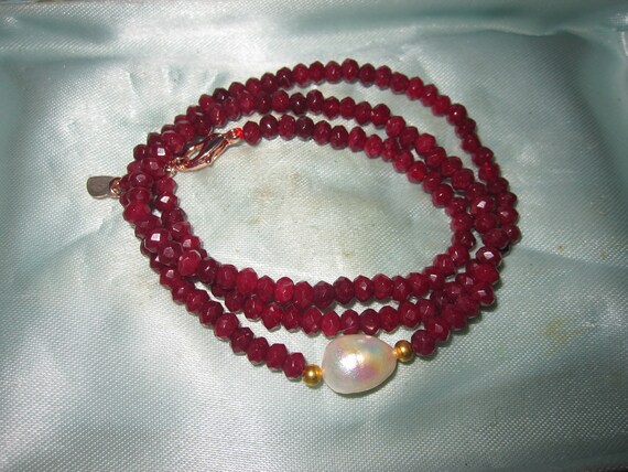 Beautiful  4mm faceted natural ruby and cultured white pearl necklace