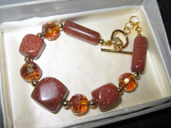 Beautiful Natural Goldstone Gemstone and Faceted Crystal Bracelet  7-8"