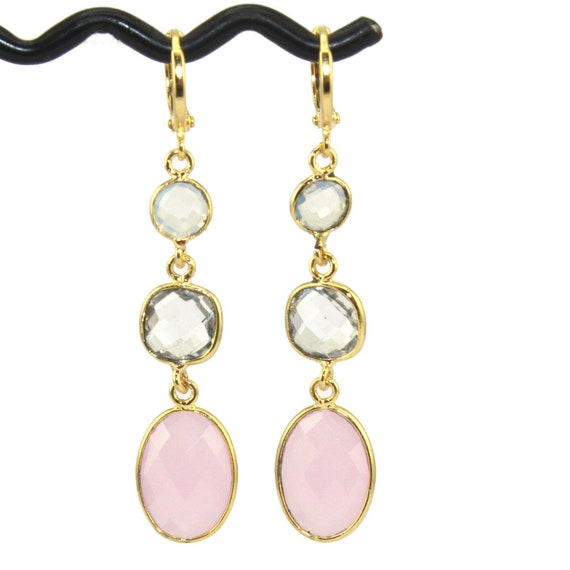 Lovely Faceted Pink Chalcedony and opalite quartz Gold Plated Drop Dangle Earrings