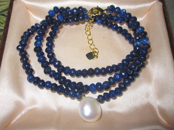 Beautiful  4mm faceted natural sapphire and cultured white pearl necklace