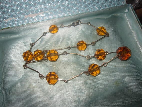 Lovely vintage Deco rolled gold  faceted cognac  glass   necklace