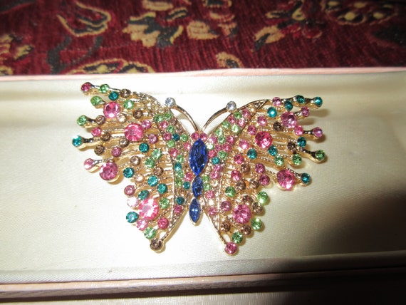 Lovely vintage goldplated multicoloured  glass butterfly  brooch