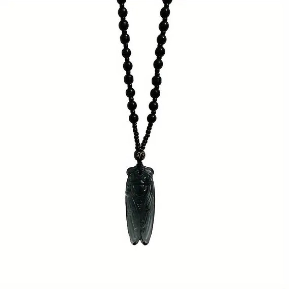 Wonderful Deco style black carved glass cicada pendant necklace 24"