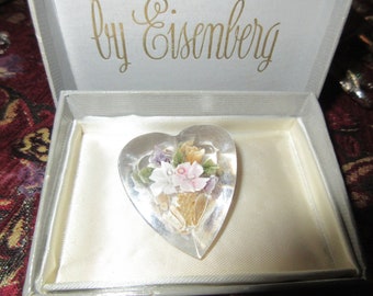 Lovely vintage clear lucite reverse carved  heart shaped flowers  brooch