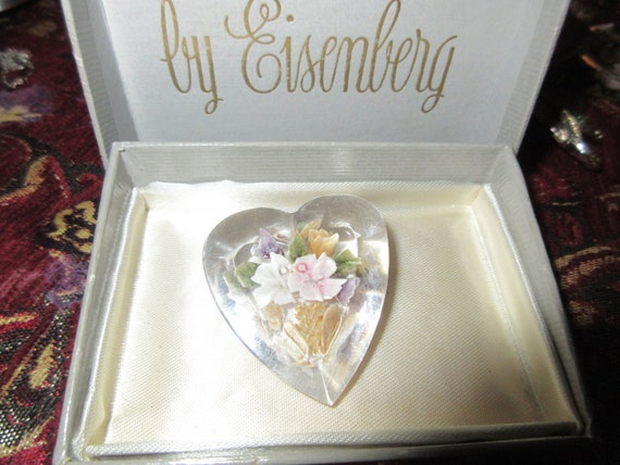 Lovely vintage clear lucite reverse carved  heart shaped flowers  brooch