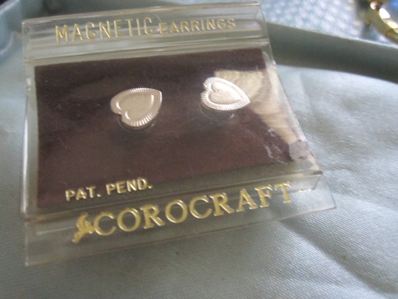 Vintage Corocraft silverplated heart magnetic earrings in original packaging