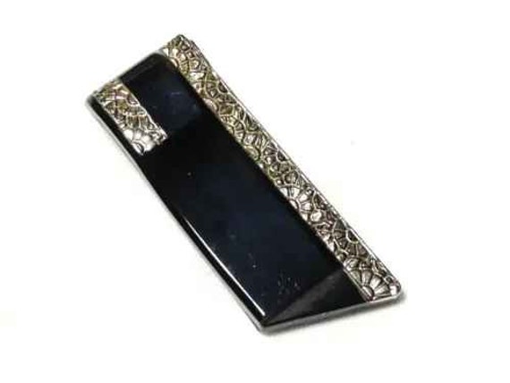 Fabulous Vintage Art Deco shiny black glass silver etched dress clip or brooch