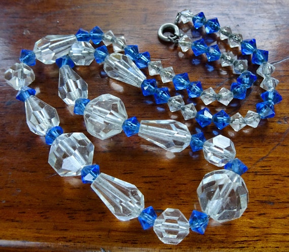 Vintage Art Deco 1940s faceted cobalt blue and clear glass necklace