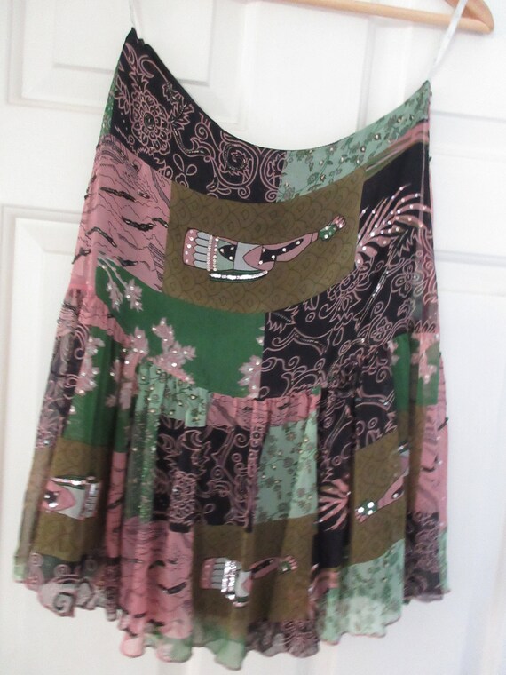 Vintage Alannah Hill pink green brown black pure silk skirt size 8