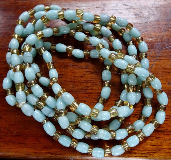 Wonderful vintage powder blue and citrine glass long  necklace 41"