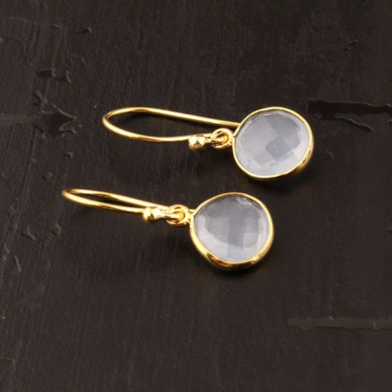 Beautiful pale blue Chalcedony  Yellow Gold Plated Drop Dangle Earrings