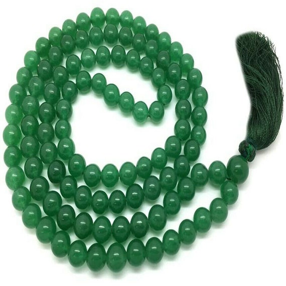 Lovely 7mm green glass beaded necklace with silky tassel