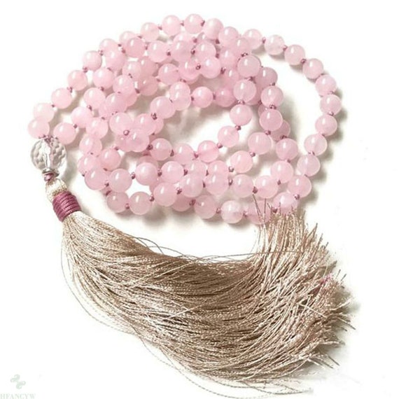 Lovely 8mm rose quartz knotted beaded necklace 37"  with taupe beige silky tassel 3"