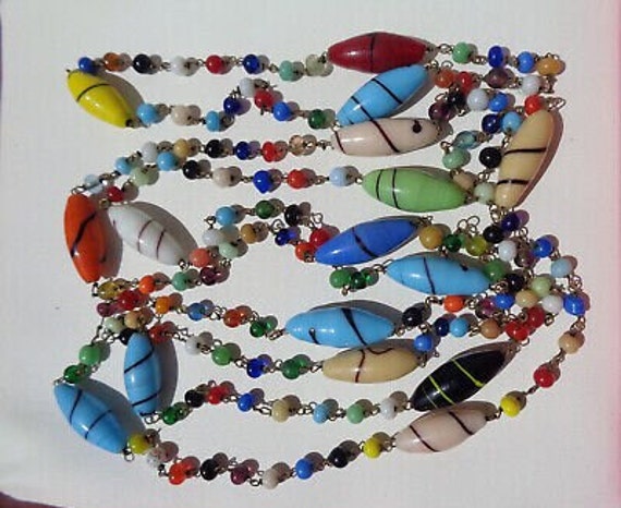 Beautiful vintage Art Deco flapper 'end of day' multi colour glass bead necklace 56"