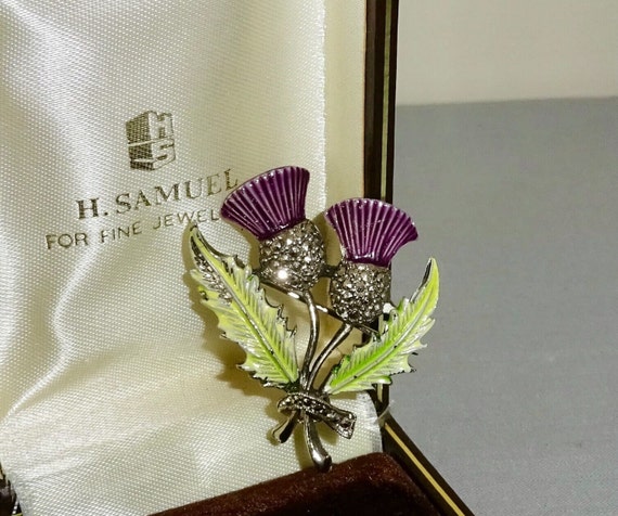 Lovely vintage Scottish Celtic marcasite enamel thistle brooch or kilt pin