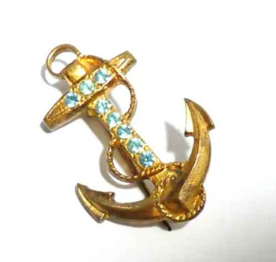 Beautiful vintage blue rhinestone gold metal anchor brooch