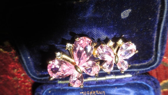 Cute goldplated sparkly pink and clear glass Rhinestone butterflies brooch