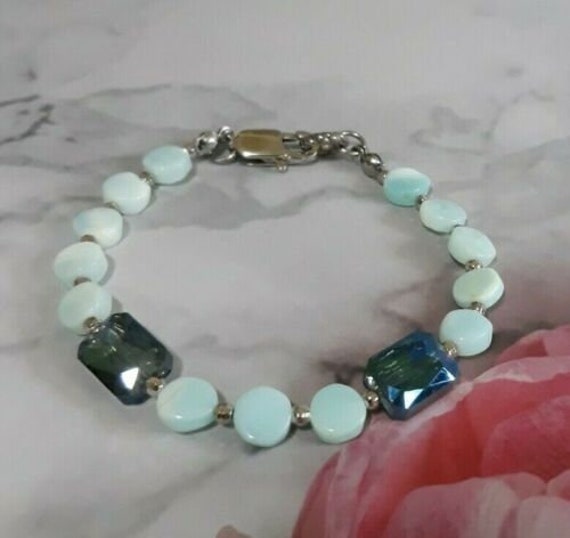 Beautiful Blue Peruvian Opal Bead & Crystal Handmade Bracelet