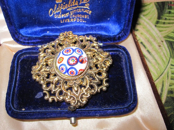 Beautiful vintage goldtone ornate Millefiori glass brooch