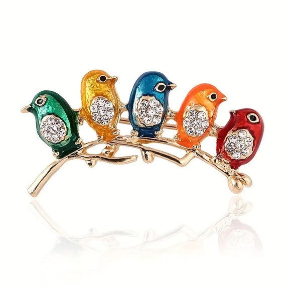 Gorgeous sparkly goldtone colourful enamel rhinestone birds brooch