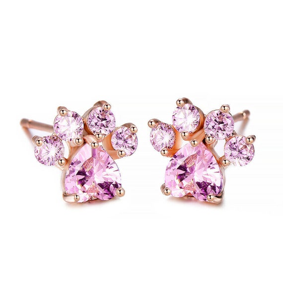 Lovely 18ct rose gold filled pale pink crystal glass cat or dog paw footprint stud earrings