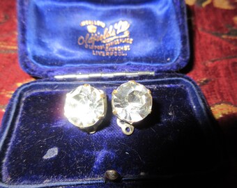 Lovely vintage Deco silverplated 12mm rhinestone glass  clip on earrings