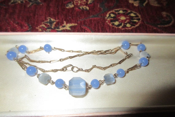 Lovely quality vintage rolled gold sky blue satin and shiny glass beaded necklace