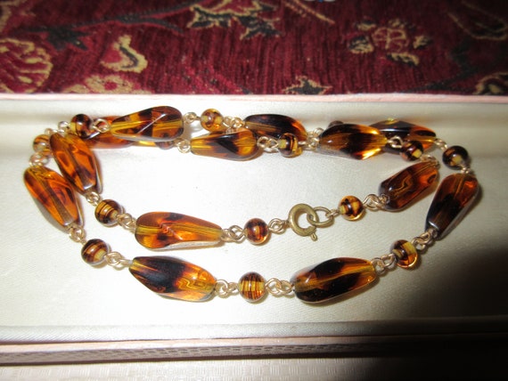 Lovely Vintage Art Deco gold plated tortoiseshell glass  necklace