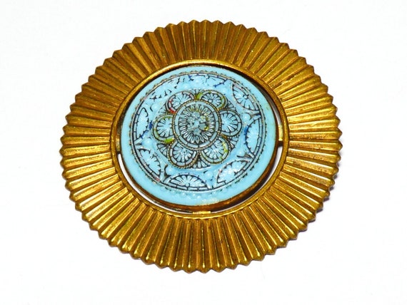Lovely vintage stamped LW Paris Goldtone Turquoise Painted Pressed Glass dress clip